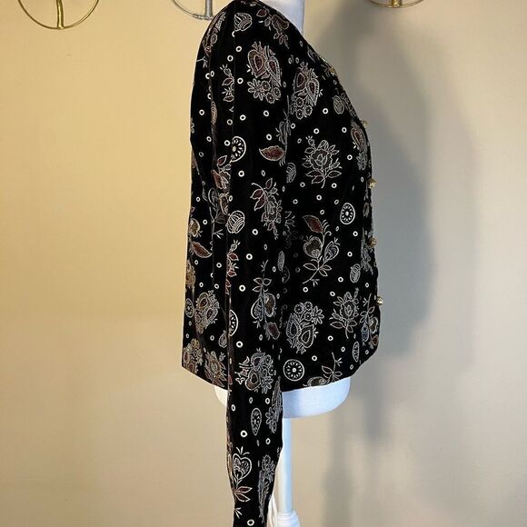 Vintage Norton McNaughton Black Floral Velvet Metallic Brocade Blazer Size 6 - Picture 4 of 10